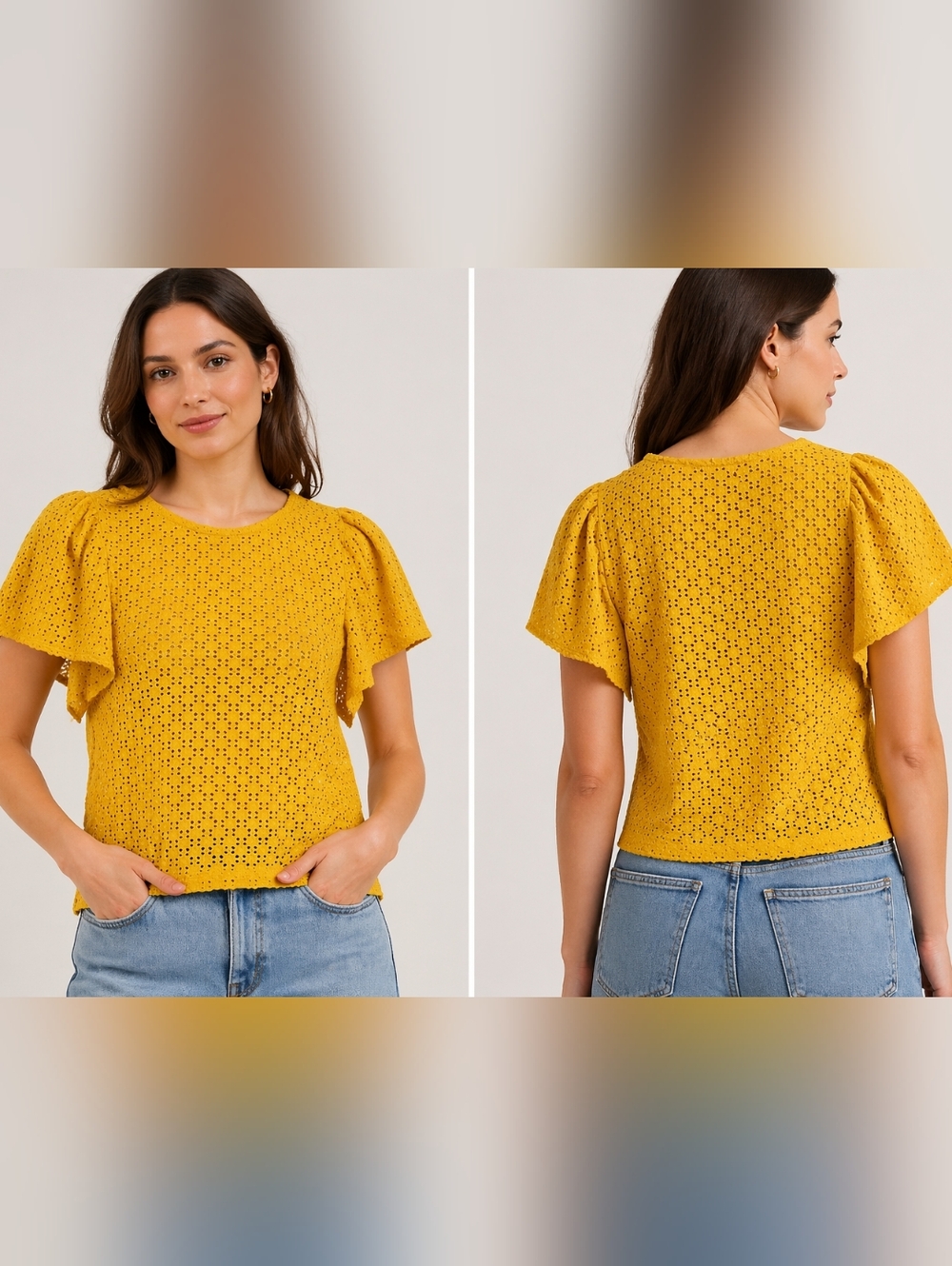 Madewell Mustard Eyelet Flutter Sleeve Top